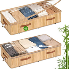 Livole Bamboo Under Bed Storage with Wheels, 6 inches Underbed Storage Containers, 56L XXL Rolling Under Bed Storage Bins with Clear Lid & Label for Clothes, Blankets, Sweater, Shoes, 1 Pack
