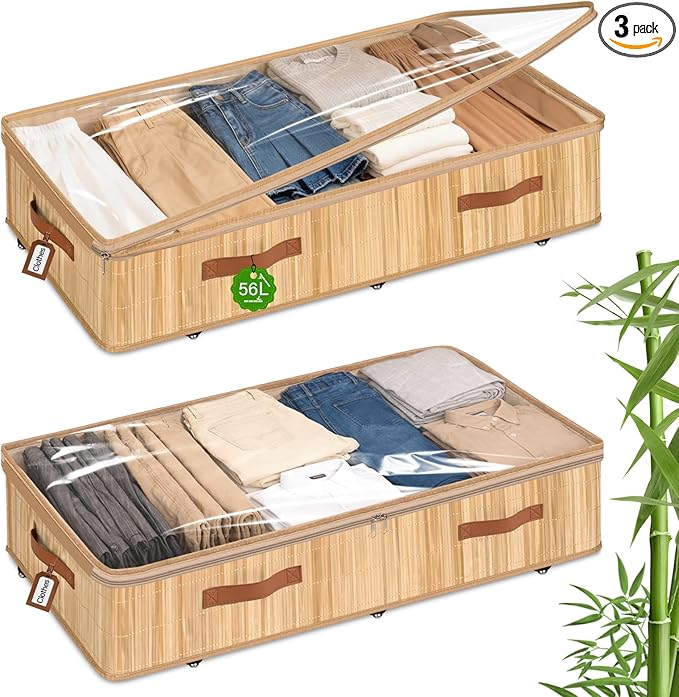 Livole 3 Pack Bamboo Under Bed Storage with Wheels, 6 inches Underbed Storage Containers, 56L XXL Rolling Under Bed Storage Bins with Clear Lid & Label for Clothes, Blankets, Sweater, Shoes