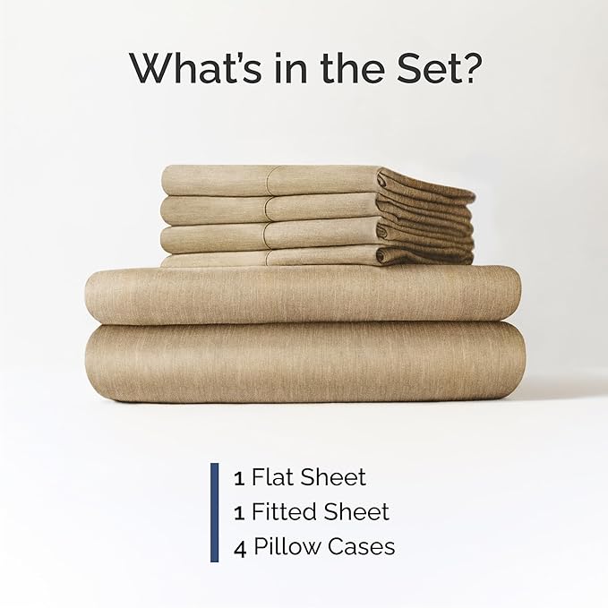Queen 6 Piece Sheet Set - Cooling & Breathable Bed Sheets - Hotel Luxury Bed Sheets for Women, Men, Kids & Teens - Bedding w/Deep Pockets & Easy Fit - Soft & Wrinkle Free - Queen Heathered Tan Sheets