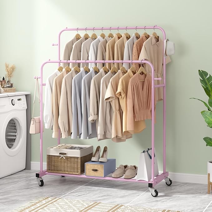 Laiensia Double Rods Garment Rack with Wheels, Clothing Rack for Hanging Clothes,4 Hooks, Multi-Functional Bedroom Clothes Rack, Pink