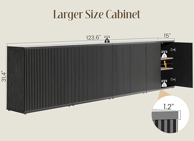 Fluted Buffet Cabinet Sideboard with Storage,Wooden Credenza with 2 Doors&Adjustable Shelve, Modern Accent Cabinets Coffee Bar Bookcase for Living Room,Kitchen Dining Room Entryway 15"D Black