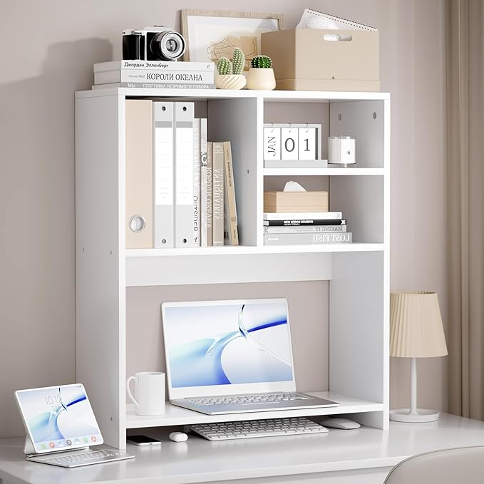 Jerry & Maggie Desktop Bookshelf Organizer, 4-Tier Desk Shelf with Hutch for Computer Desk, Wall Shelf Organizer & Room Decor Aesthetic, Dorm & Office Storage for Books, Laptop (White/26 in)