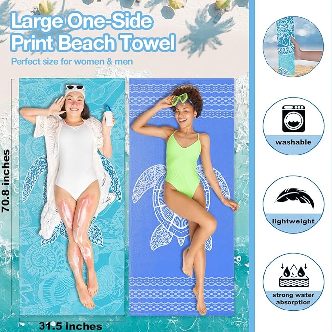 2 Pack Ocean Sea Turtle Beach Towel Microfiber Soft Thin Lightweight Quick Dry Oversized Swim Towels Beach Accessories Cruise Vacation Necessities for Bath Pool Camping Travel 32x71 inch