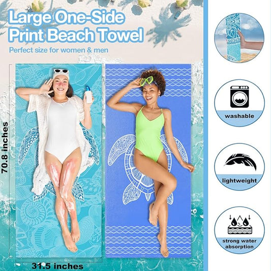 2 Pack Ocean Sea Turtle Beach Towel Microfiber Soft Thin Lightweight Quick Dry Oversized Swim Towels Beach Accessories Cruise Vacation Necessities for Bath Pool Camping Travel 32x71 inch