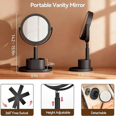 Shinowa Makeup Mirror with Lights, 1X/20X Lighted Magnifying Mirror with Storage for Makeup & Jewelry, 2-Sided Height Adjustable Vanity Mirror with 3 Color Lights, 360° Rotation & Rechargeable, Black