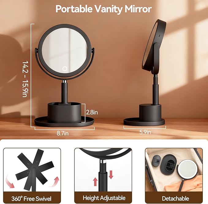 Shinowa Makeup Mirror with Lights, 1X/20X Lighted Magnifying Mirror with Storage for Makeup & Jewelry, 2-Sided Height Adjustable Vanity Mirror with 3 Color Lights, 360° Rotation & Rechargeable, Black