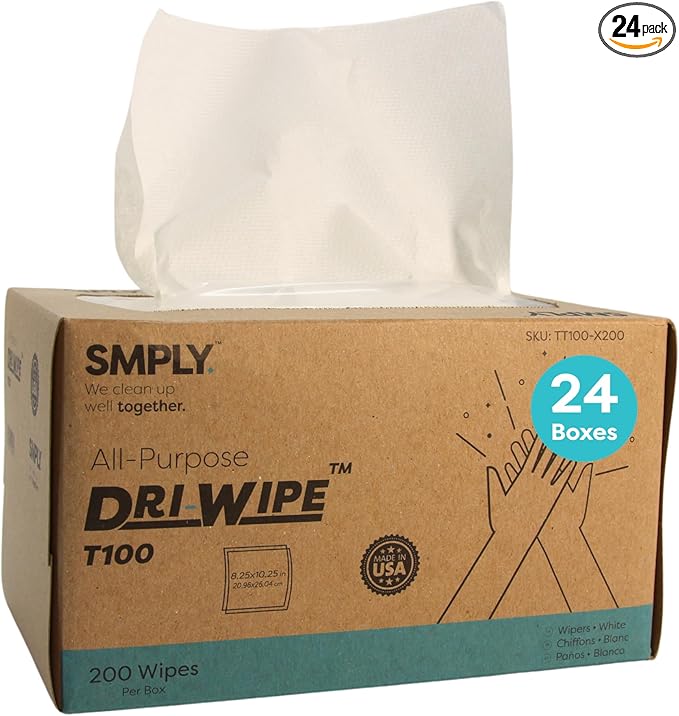Dri-Wipe™ T100 All-Purpose Center-Pull Wipes – 24 Boxes of 200 (4,800 Total) – Disposable Cleaning Wipes, a Smarter Alternative to Paper Towels for Janitorial, Retail & Foodservice Use