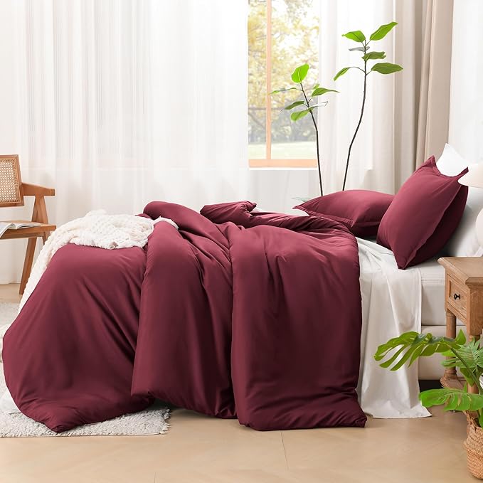 Litanika Comforter Set, Lightweight Solid Bedding Comforter Set, Fluffy Down Alternative Bed Set, Burgundy, Queen