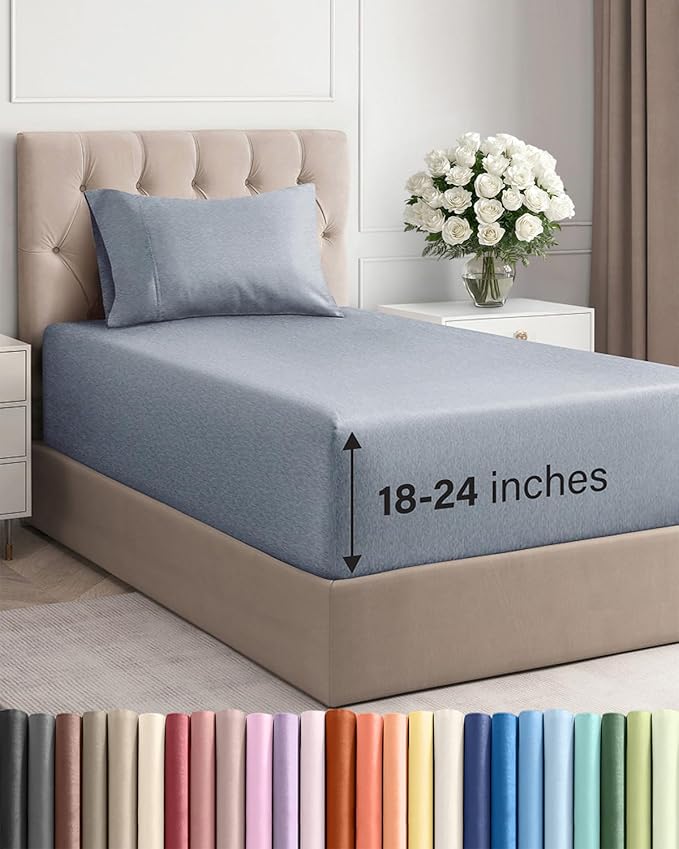 Extra Deep Pocket Twin XL Sheets - 3 Piece Breathable & Cooling Bed Sheets - Hotel Luxury Bed Sheet Set - Soft, Wrinkle Free & Comfy - Easily Fits Extra Deep Mattresses - Heathered Blue Sheets Set
