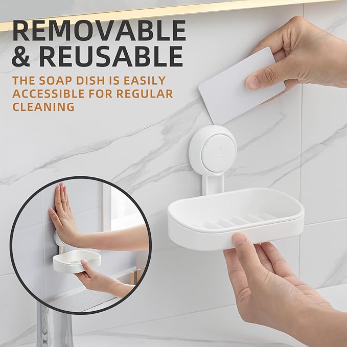 LEVERLOC Soap Dish Holder for Shower Suction Cup Wall Mounted Self Draining NO-Drilling Removable Bar Soap Sponge Holder for Bathroom Bathtub Kitchen Sink Waterproof Strong Vacuum Suction Adhesion