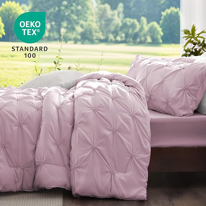 BEDELITE Light Purple Twin Comforter Set - 2 Peices Boho Pintuck Bedding Comforter Sets, Lightweight Soft & Warm Twin Bedding Sets with 1 Pillowcase for All Season