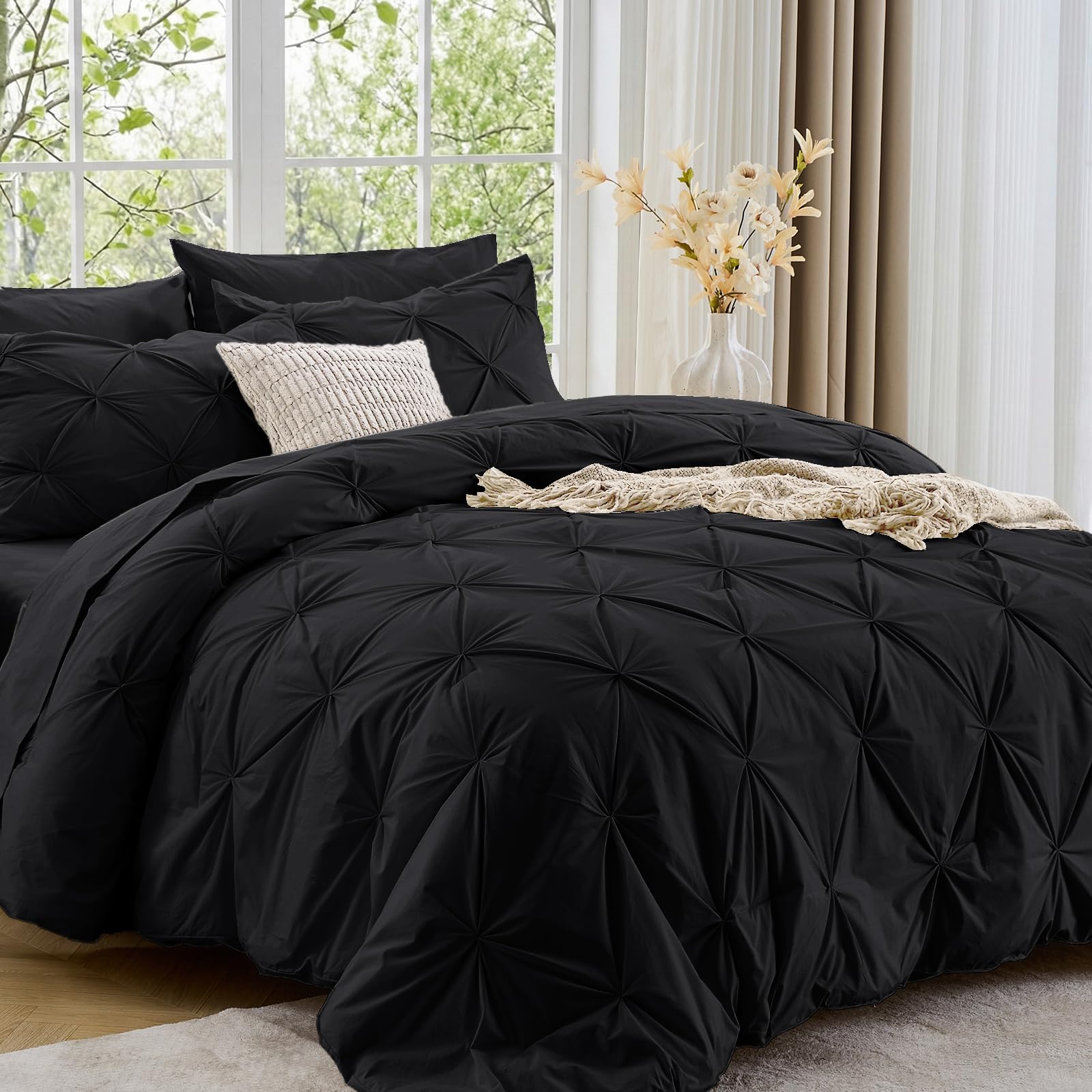 Sasttie Twin XL Comforter Set, 5-Piece Bed in a Bag, Pintuck Bedding Sets for All Season, Includes Comforter, Flat Sheet, Fitted Sheet, Pillowcase and Pillowsham, Beige