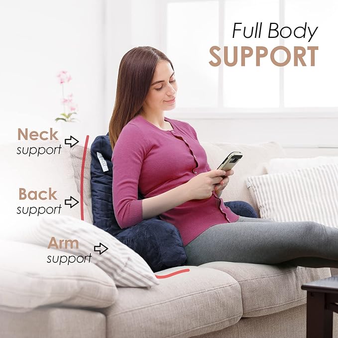 Nestl Reading Pillow with Shredded Memory Foam, Designed for Sitting Up in Bed and Couch, Back and Arms Adjustable Support for Adult & Teens Backrest Pillows for Reading, with Washable Cover Navy Blue