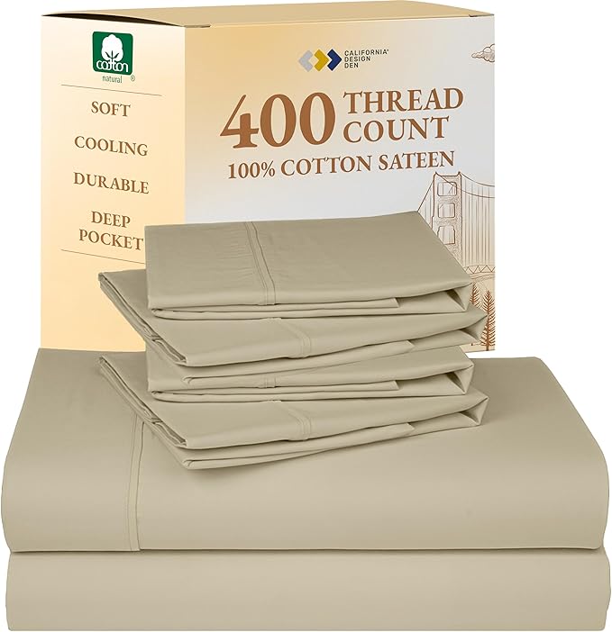 California Design Den 6 Piece Queen Sheet Set with 4 Pillowcases - Soft 400 Thread Count Sateen, 100% Cotton Sheets Queen Size Bed Set with Deep Pockets, Durable Bedding - Beige (Golden Tone) CaliforniaDesignDen