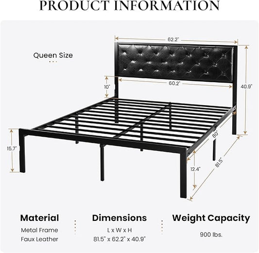 SHA CERLIN Queen Size Metal Platform Bed Frame, PU Leather Upholstered Button Tufted Headboard, Mattress Foundation with 12.4” Under-Bed Storage, Noise-Free, Easy Assembly, No Box Spring Needed, Black