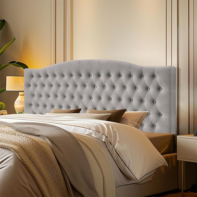 Velvet Upholstered Headboard King/Cal King Size Latest Model Wall Mount, Bed Frame Mount, Featuring High-Density Sponge Padding, Luxury Texture Easy Assembly and Style-Light Gray