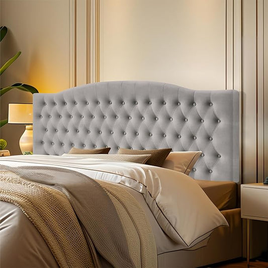 Velvet Upholstered Headboard King/Cal King Size Latest Model Wall Mount, Bed Frame Mount, Featuring High-Density Sponge Padding, Luxury Texture Easy Assembly and Style-Light Gray