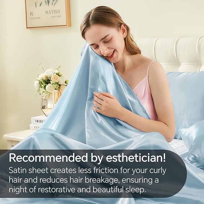 BEDELITE California King Sheets Set, Luxury Soft Light Blue Satin Sheets for Hair and Skin, Similar to Silk Bed Sheets Set 4 Pieces with 1 Deep Pocket Fitted Sheet, 1 Flat Sheet, and 2 Pillowcases