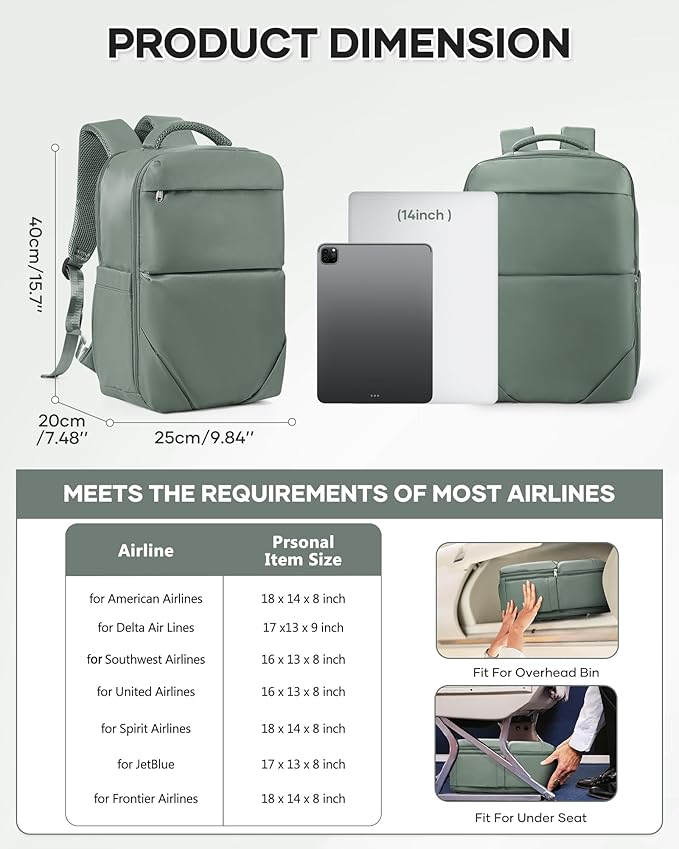 Vacuum Backpack Travel for Women Men, Travel Backpack with Vacuum System, Small Compression Backpacks Flight Approved, Travel Vacuum Bags with 14inch Laptop Compartment, Contain Pump, Green