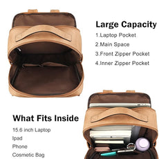 MASINTOR 15.6 inch PU Leather Laptop Backpack Purse for Women, Large College Casual Backpack Travel Bag Retro Camel