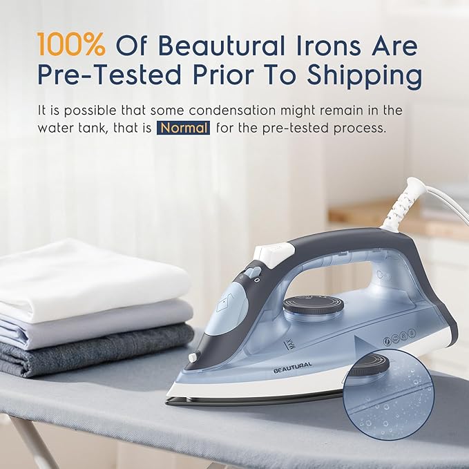 BEAUTURAL Steam Iron for Clothes, Non-Stick Soleplate, Burst of Steam, Spray Mist, Self-Cleaning, Anti-Calcium, Anti-Drip, Easy Temperature Control, Light Weight, 1200 Watts