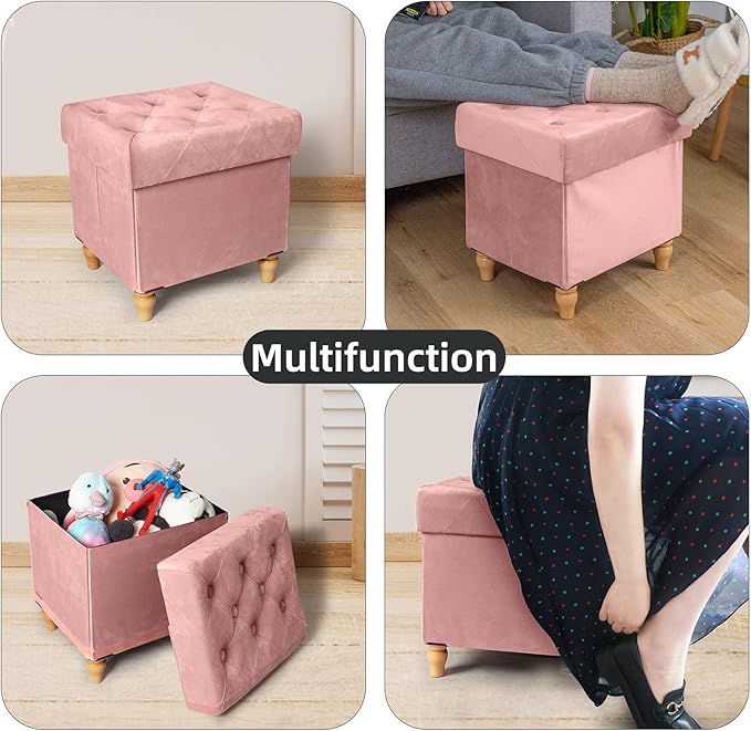 CAROLMADE Folding Storage Ottoman Cube Velvet Footstool with Wood Legs Ottoman Footrest for Living Room and Bedroom Pink, Grey 15"x12.6"x15.4"