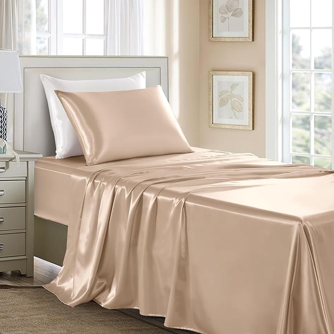 Satin Sheets Twin Size - 3 Pieces Luxury Silky Soft Bed Sheets, Wrinkle-Free Champagne Satin Silk Sheet Set with 1 Deep Pocket Fitted Sheet, 1 Flat Sheet, 1 Pillow Case