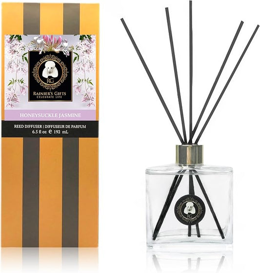 Rainier’s Gifts Reed Diffuser Set (Honeysuckle Jasmine) - Scented Oil Diffuser Sticks - Home Fragrance Aromatherapy Air Freshener 6.5 fl oz