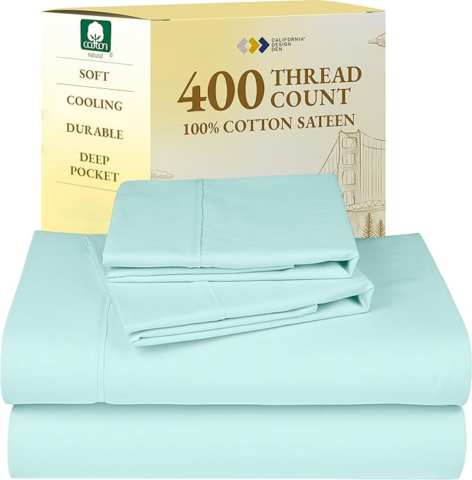 California Design Den Natural 100% Cotton Sheets, Soft Queen Sheet Set, 400 Thread Count Sateen, Deep Pockets with All-Around Elastic for a Snug Fit, Durable Bedding Set - Seafoam