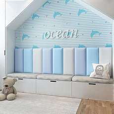 3D Anti-Collision Wall Padding for Kids, Peel and Stick Upholstered Wall Panels, Queen Headboard, Playroom Decorative Protection, Pack of 2 Panels Sized 23.6' X 11.8' (Sky Blue)