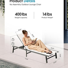 Ciokea Upgraded Aluminum Outdoor Lounge Chair - No Assembly Needed, Foldable Patio Chaise Lounge with 5 Adjustable Positions, Reinforced Frame for Extra Durability, Pool Beach Lounge Chair, White