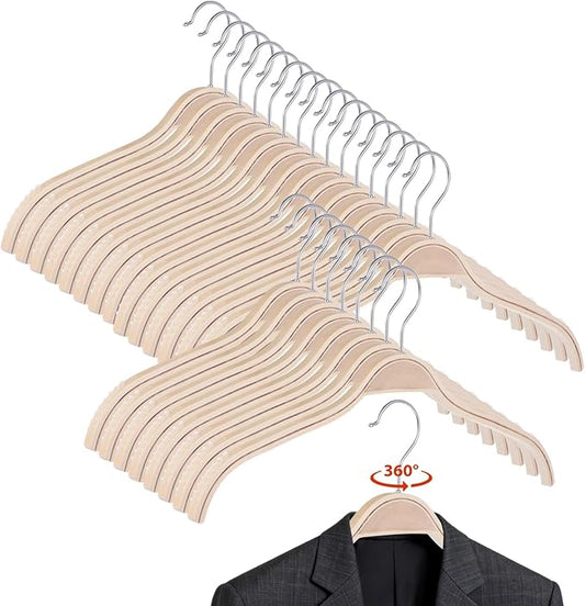 30 PCS Slim Natural Wooded Hangers with Extra Soft Non-Slip Rubber Grips - Curved Shoulder Design, 360° Rotatable Metal Hook Hangers for Shirts Sweaters Jackets Dresses