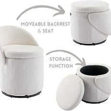 Modern Swivel Ottoman Vanity Chair, Sherpa Upholstered Barrel Club Chairs 360°Degree Swivel Side Chair with Storage, Comfy Makeup Stool for Bedroom Living Room, White