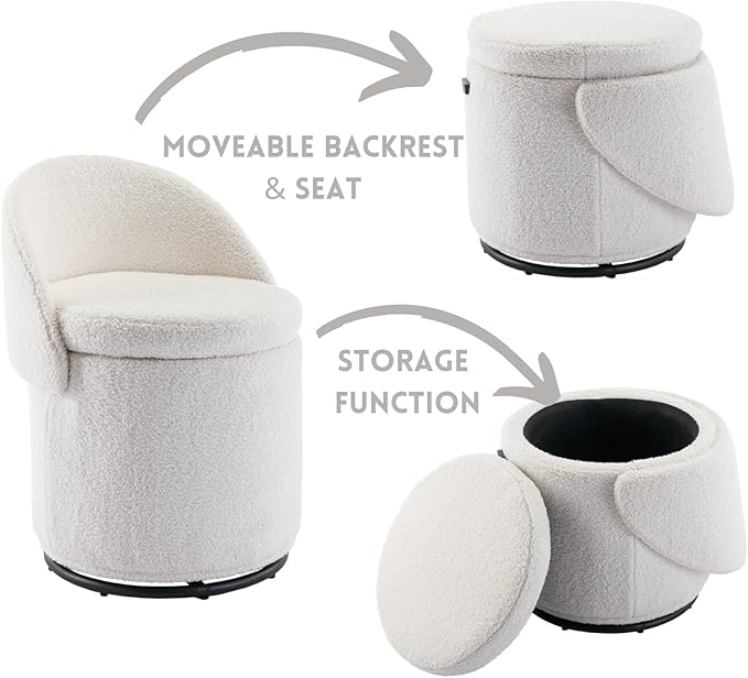 Modern Swivel Ottoman Vanity Chair, Sherpa Upholstered Barrel Club Chairs 360°Degree Swivel Side Chair with Storage, Comfy Makeup Stool for Bedroom Living Room, White