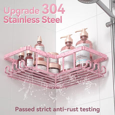 YASONIC Corner Adhesive Shower Caddy, with Soap Holder and 12 Hooks, Rustproof Stainless Steel Bathroom Organizer, No Drilling Wall Mounted Rack, Pink, 3-Pack