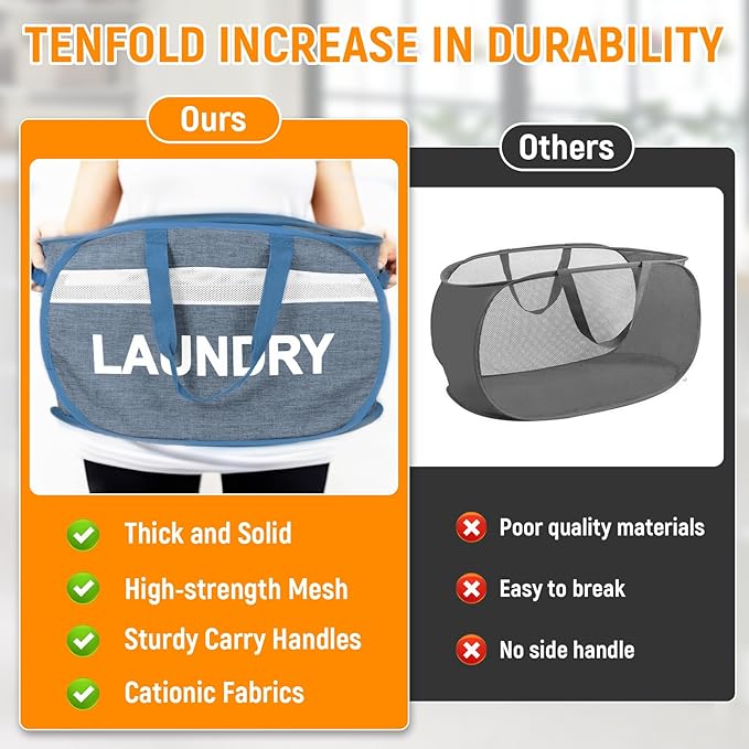 Collapsible Laundry Baskets with Lid, Foldable Clothes Hamper with Reinforced Handles, Sturdy Pop Up Hampers for Laundry, Tear Proof & Easy to Carry Laundry Hamper for Home, Dorm, Travel Blue