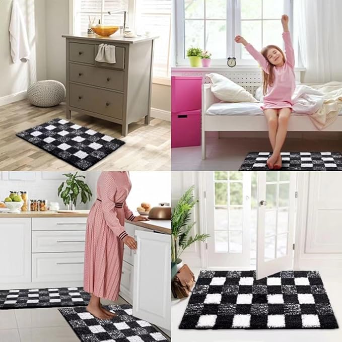 CozeCube Bath mats for Bathroom Non Slip, Fluffy Absorbent Microfiber Bath mat Washable, Aesthetic Bathroom Rugs, Small Jet Black Checkered Bath mat, Jet Black, 24" x 16"