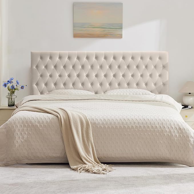 Kingfun Upholstered Queen Headboard Only, Premium Velvet Button Tufted Headboards, Adjustable Solid Wood Head Board, Padded Headboard with Solid Wood Legs in Bedroom (Beige)