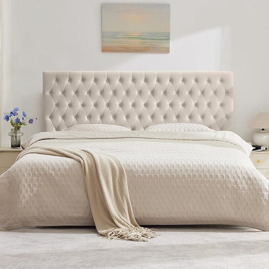 Kingfun Upholstered Queen Headboard Only, Premium Velvet Button Tufted Headboards, Adjustable Solid Wood Head Board, Padded Headboard with Solid Wood Legs in Bedroom (Beige)