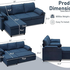 DURASPACE Sofa Bed Sleeper Pull Out 2 in 1 Sectional Sleeper Sofa Couches with Storage,USB, Cup Holder,Pullout Sectional Couches for Apartment Living Room (Blue)