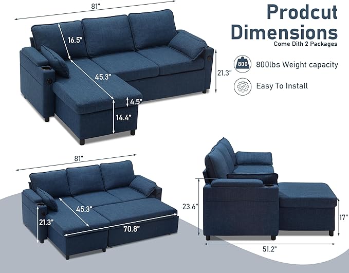 DURASPACE Sofa Bed Sleeper Pull Out 2 in 1 Sectional Sleeper Sofa Couches with Storage,USB, Cup Holder,Pullout Sectional Couches for Apartment Living Room (Blue)