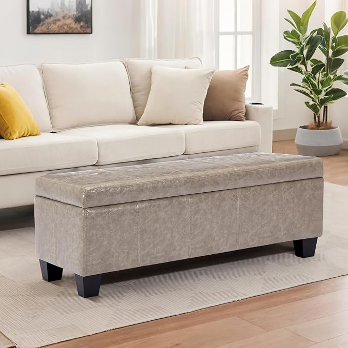 Faux Leather Storage Ottoman Bench with Hinged Lid,42 Inch Large Rectangular Footrest Stool for Bedroom End of Bed, Entryway and Living Room, Padded Seat Shoe Bench, Grey