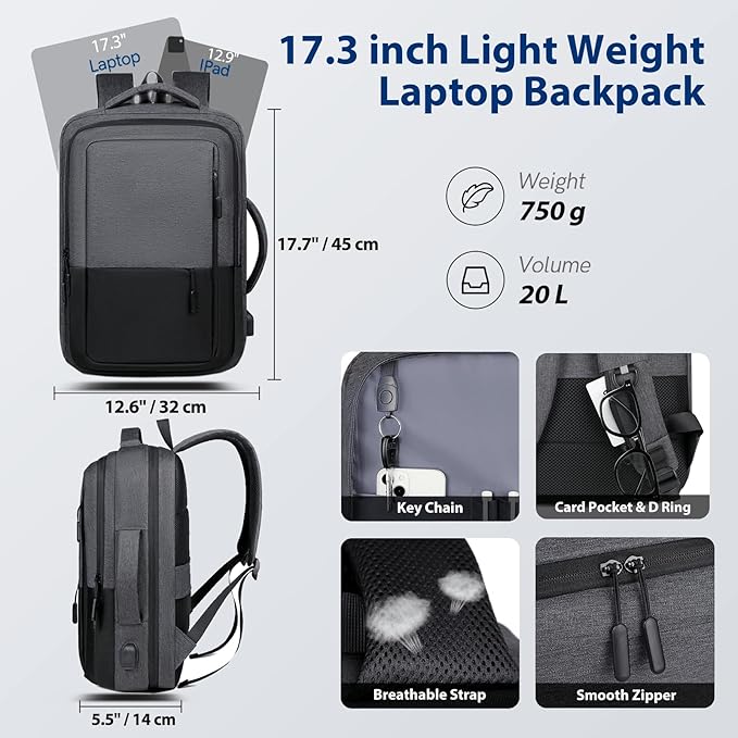 VGOAL Travel Laptop Backpack, Laptop Bookbag College Backpack Durable Water Proof with USB Charging Port for Men Women (KT0107W-G)