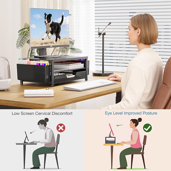 OPNICE Desk Organizer and Accessories, 2-Tier Computer Monitor Stand Riser with Drawer and 2 Pen Holders, Laptop Stand, Office Desk Accessories for Office Supplies, Black – Hot Seller 2Pack