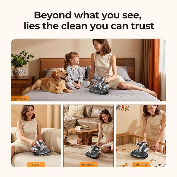 JIGOO Cordless Mattress Vacuum Cleaner with UV-C Light, Bed Vacuum Cleaner with Dust Sensor, Ultrasonic and High Heating, Deep Cleaning Bed Vacuum for Sofa Bed Fabric Surface (S100 Cordless)