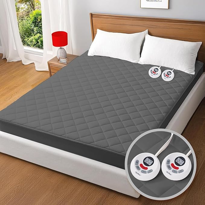 Heated Mattress Pad King,Dual Controller Electric Mattress Pad with Preheat Functions,Bed Warmer with 12 Heat Settings & 1-12 Hours Auto Shut Off, Machine Washable(78"x80",Grey)