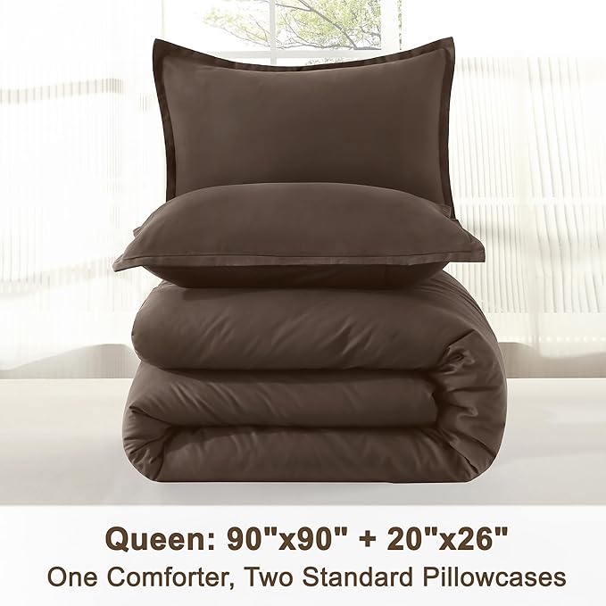 Litanika Comforter Set, Lightweight Solid Bedding Comforter Set, Fluffy Down Alternative Bed Set, Chocolate, Queen