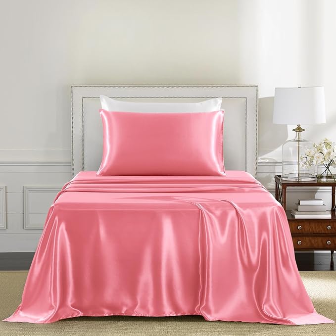 Satin Sheets Twin XL Size - 3 Pieces Luxury Silky Soft Bed Sheets, Wrinkle-Free Pink Satin Silk Sheet Set with 1 Deep Pocket Fitted Sheet, 1 Flat Sheet, 1 Pillow case