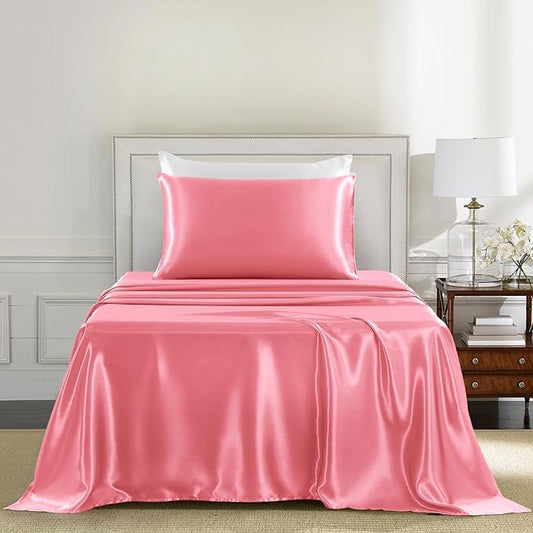 Satin Sheets Twin XL Size - 3 Pieces Luxury Silky Soft Bed Sheets, Wrinkle-Free Pink Satin Silk Sheet Set with 1 Deep Pocket Fitted Sheet, 1 Flat Sheet, 1 Pillow case