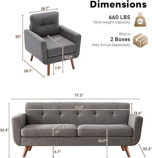 Tbfit Mid Century Modern Sofa Couch, Gray, Standard Sofa & Accent Chair